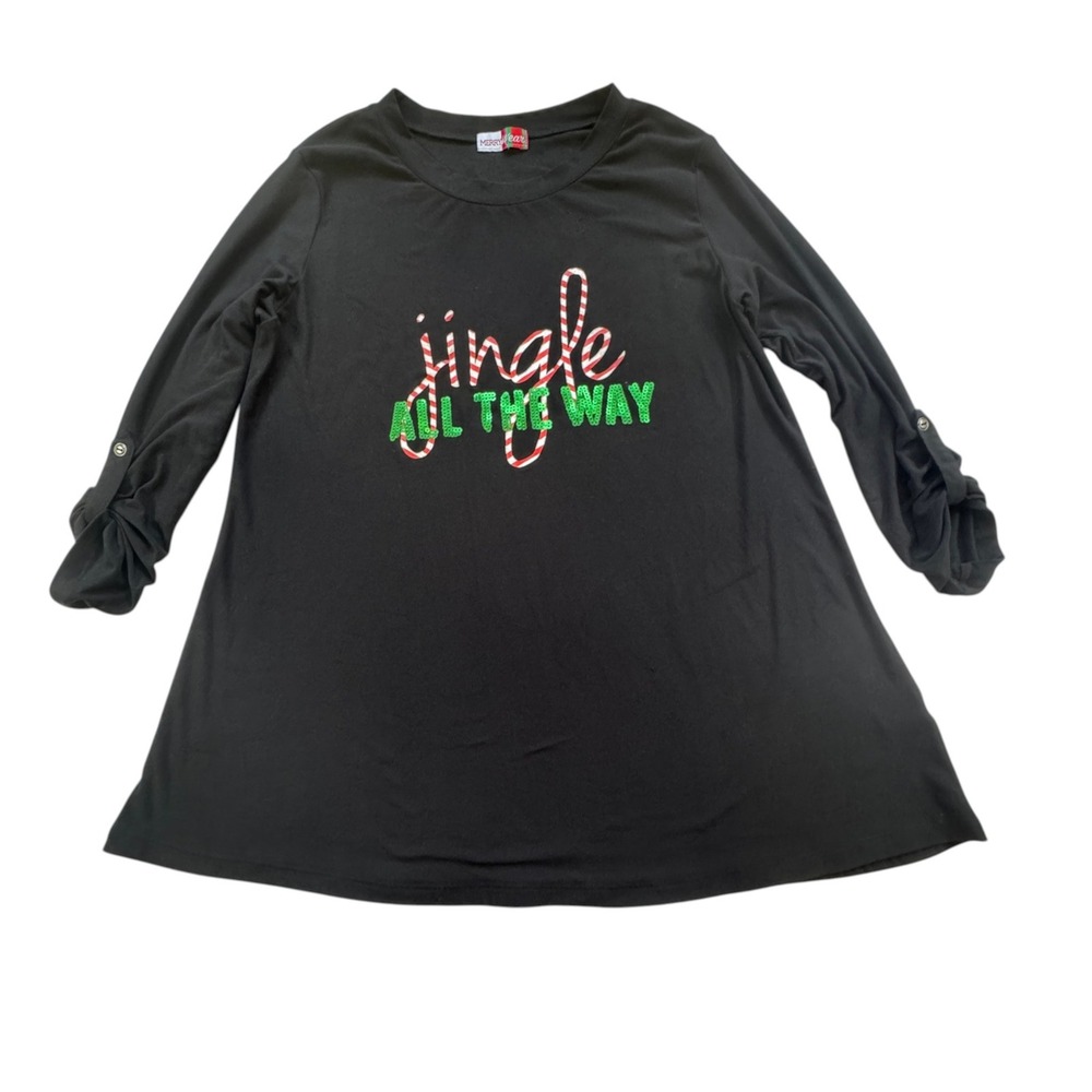 Merry Wear Christmas Jingle All The Way T Shirt Womens XL Sequin Black Tunic Top